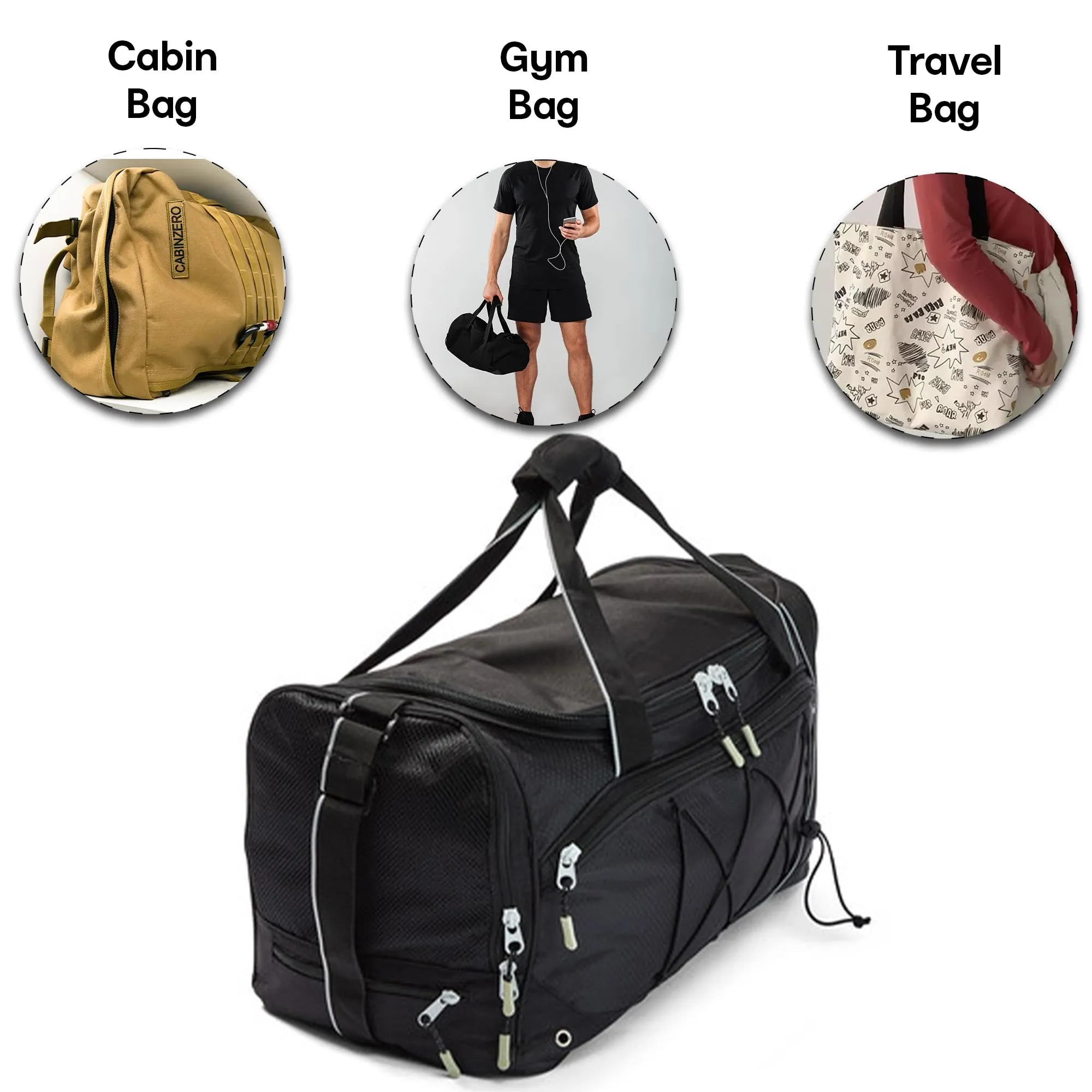 Anko 40L Duffle Bag with Bungee Cord | Large Size with Shoes Compartment and Multiple Pockets | Unisex, Polyester | Backpack for for Travel, Training, Gym | 28cm (H) x 51cm (W) x 25cm (D), Black