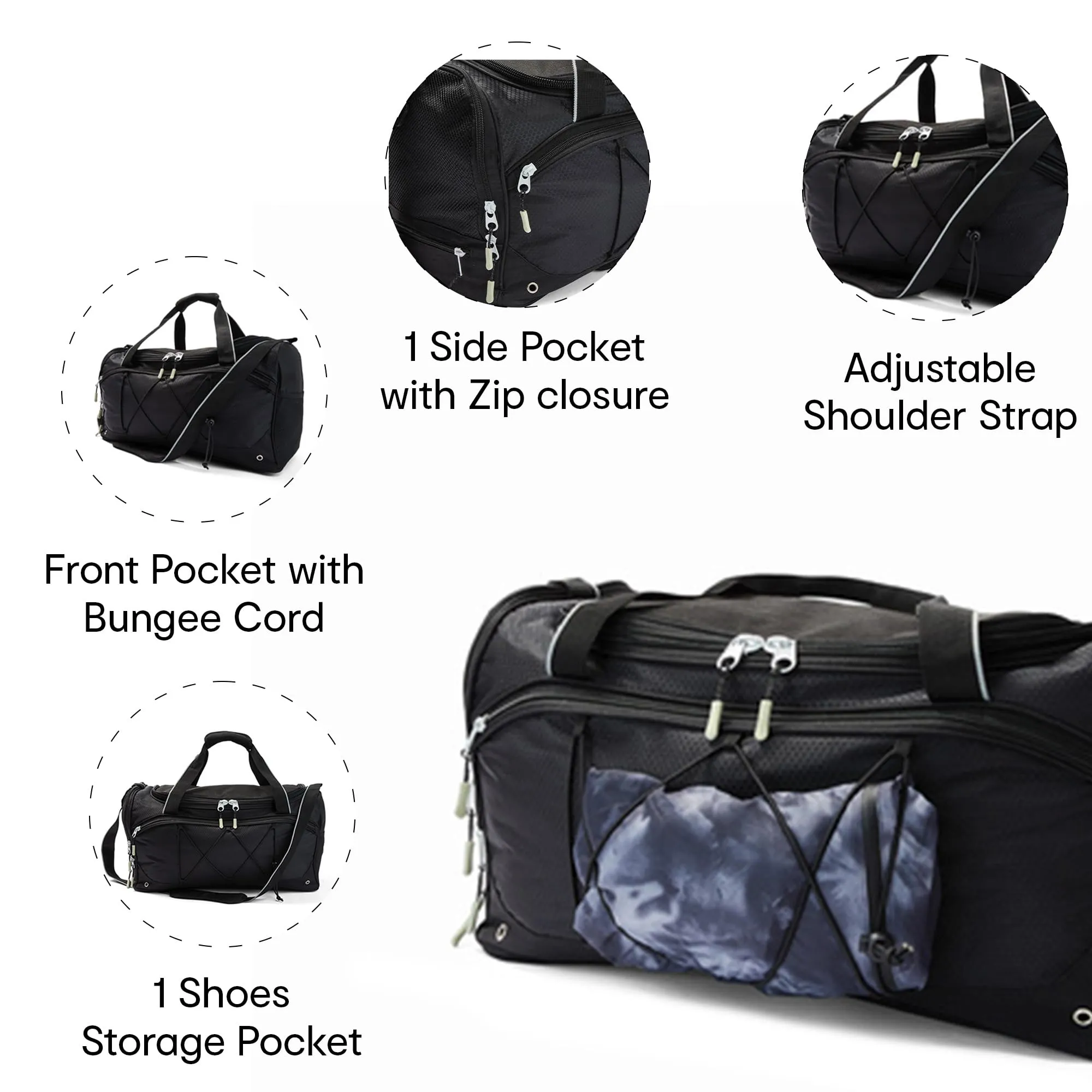 Anko 40L Duffle Bag with Bungee Cord | Large Size with Shoes Compartment and Multiple Pockets | Unisex, Polyester | Backpack for for Travel, Training, Gym | 28cm (H) x 51cm (W) x 25cm (D), Black