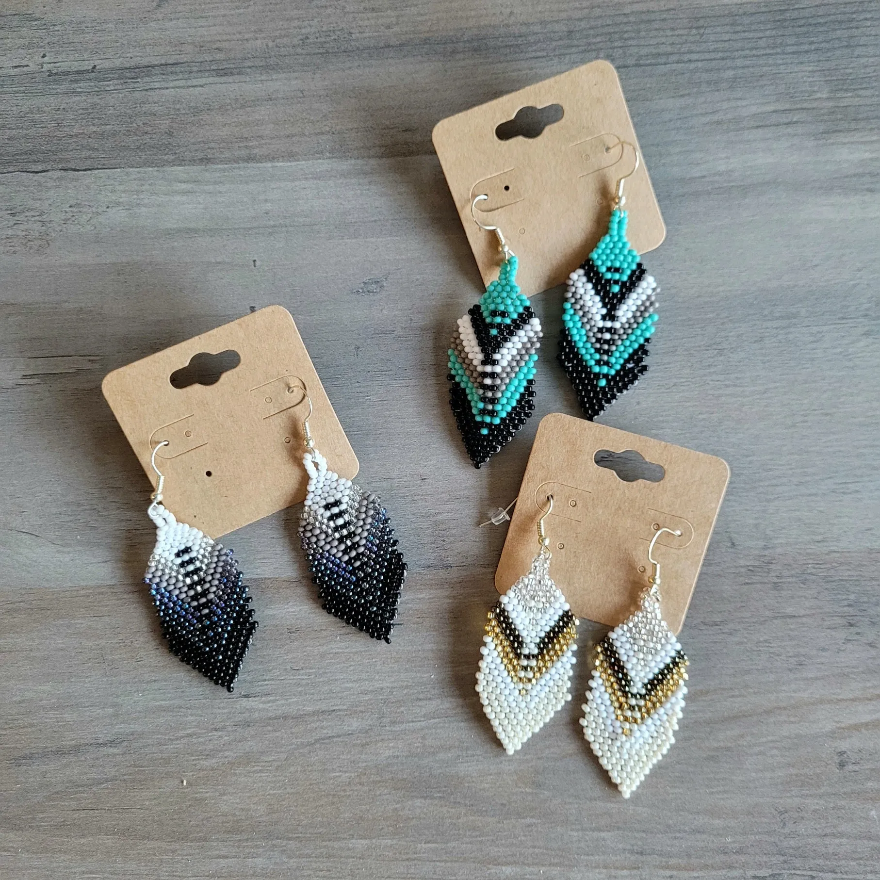 Black and grey Beaded Feather Earrings