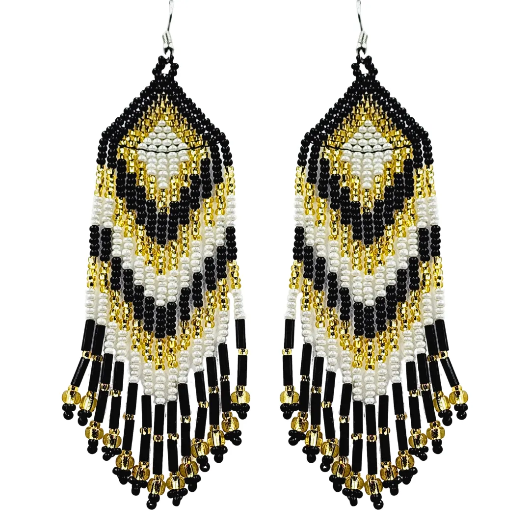 Black White and Gold Chevron Fringe Earrings