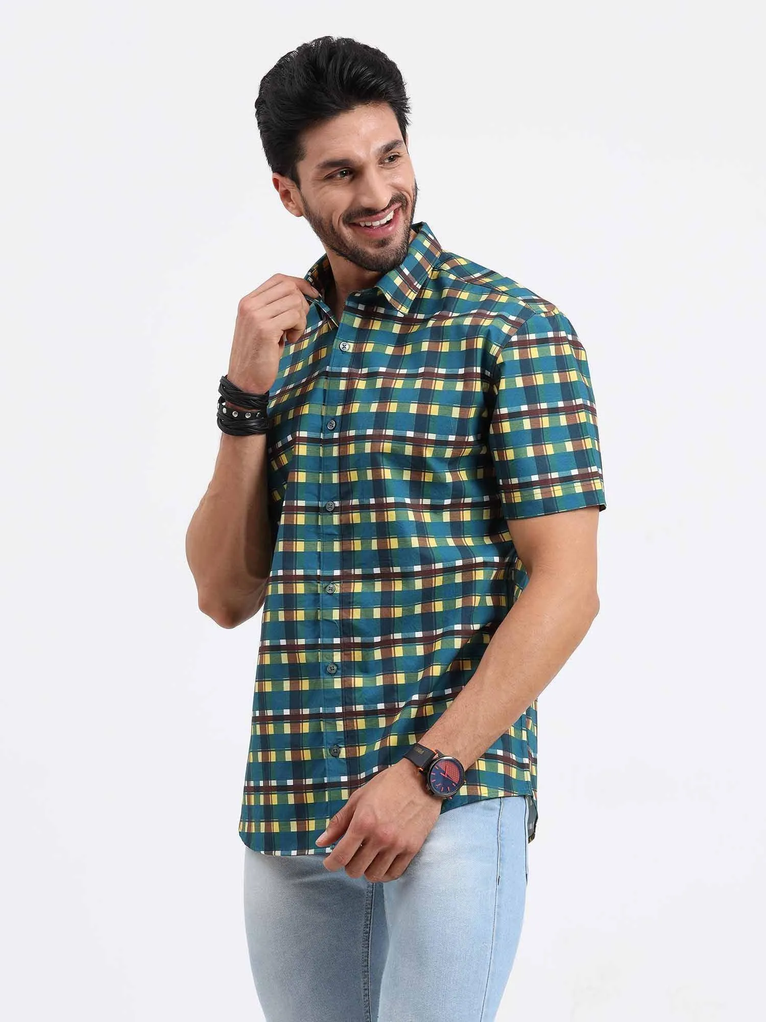 Emerald Yellow Check Cotton Half Sleeve Shirt