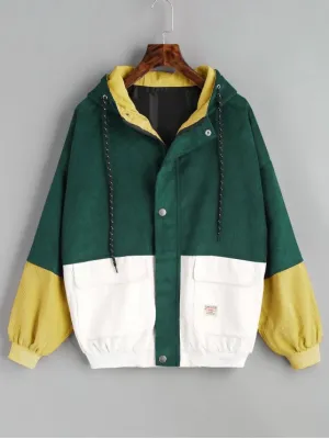 Fashion Green Hooded Color Block Corduroy Jacket