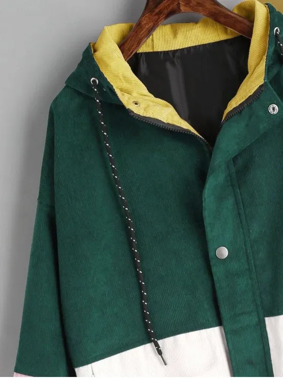 Fashion Green Hooded Color Block Corduroy Jacket