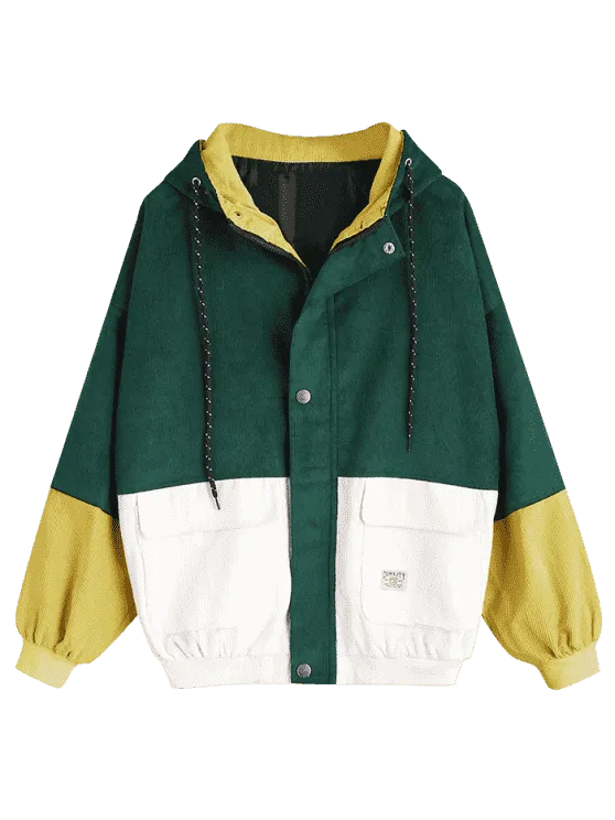 Fashion Green Hooded Color Block Corduroy Jacket