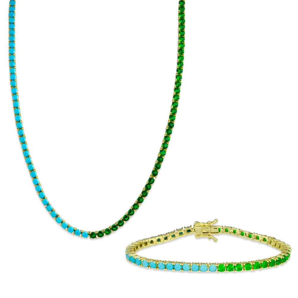 Half Turquoise Half Emerald Tennis Bracelet   Half Turquoise Half Emerald Tennis Necklace