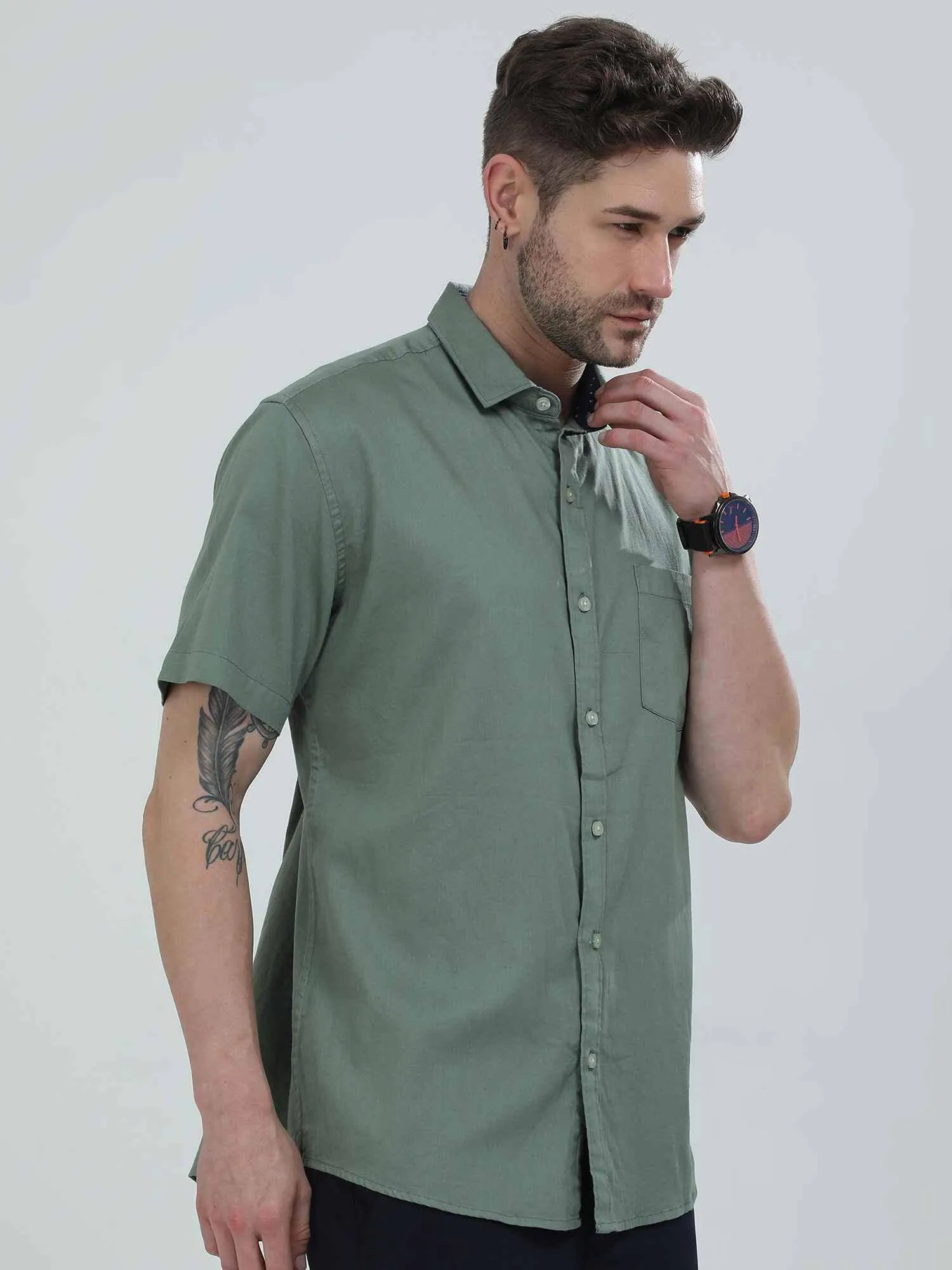 Hunter Green Solid Half Sleeve Shirt