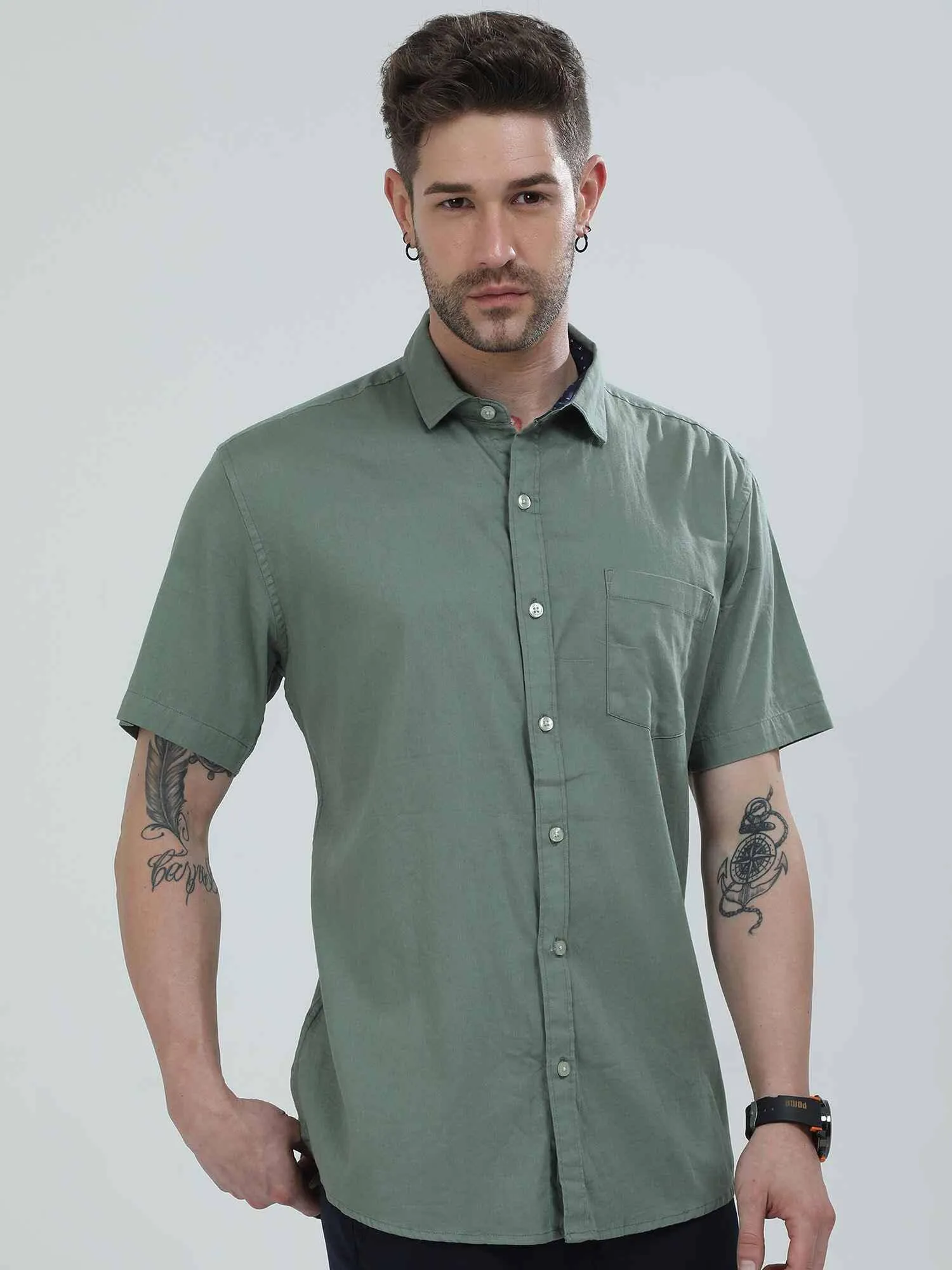 Hunter Green Solid Half Sleeve Shirt