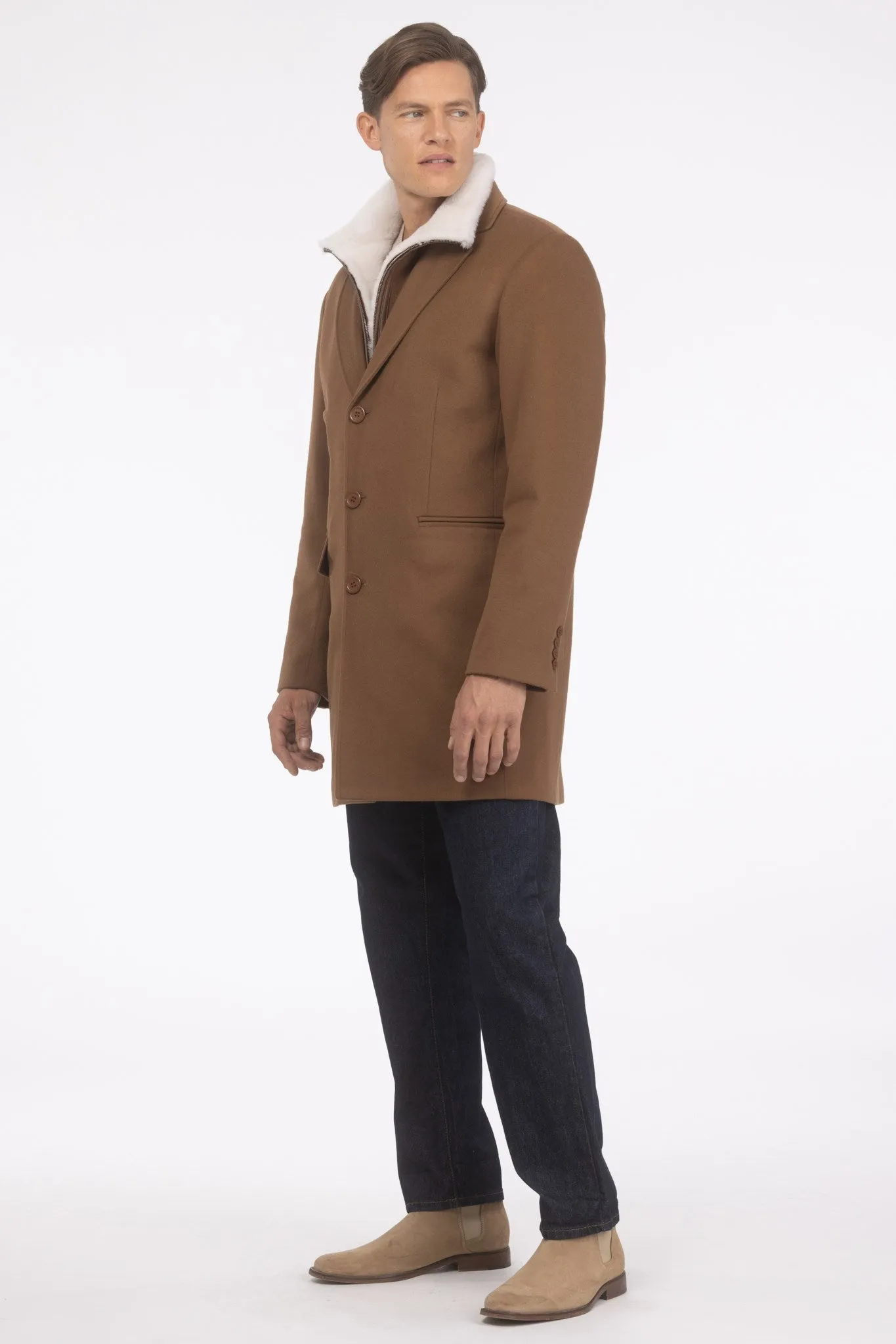 Men's Loro Piana Wool Short Coat with Merino Shearling Lamb Trim