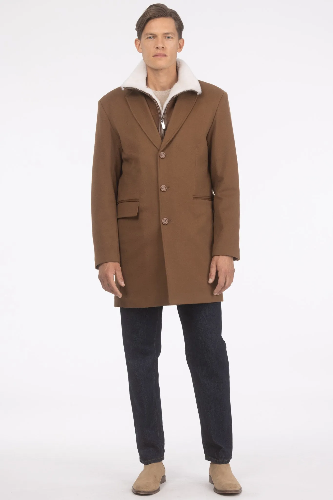 Men's Loro Piana Wool Short Coat with Merino Shearling Lamb Trim