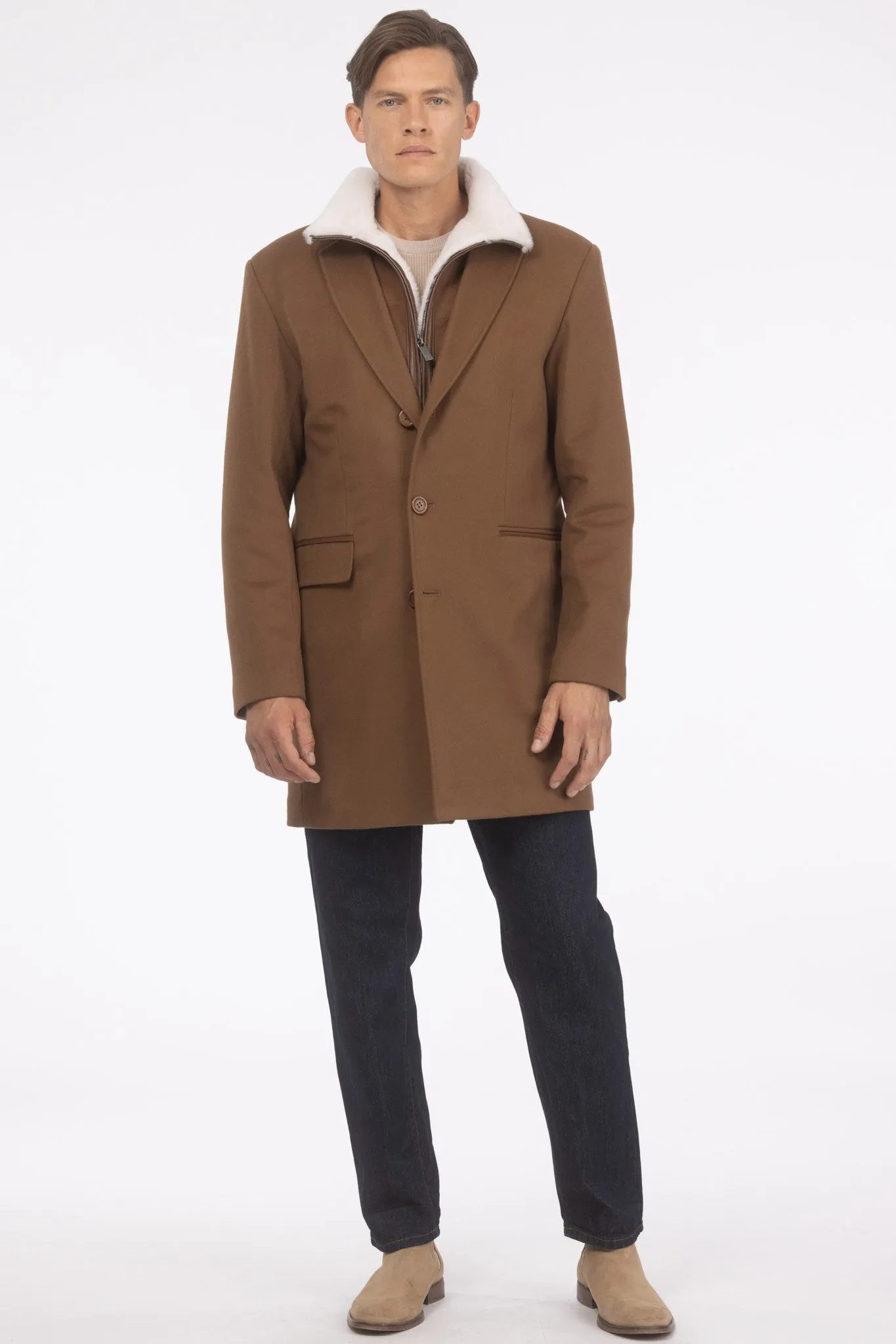 Men's Loro Piana Wool Short Coat with Merino Shearling Lamb Trim