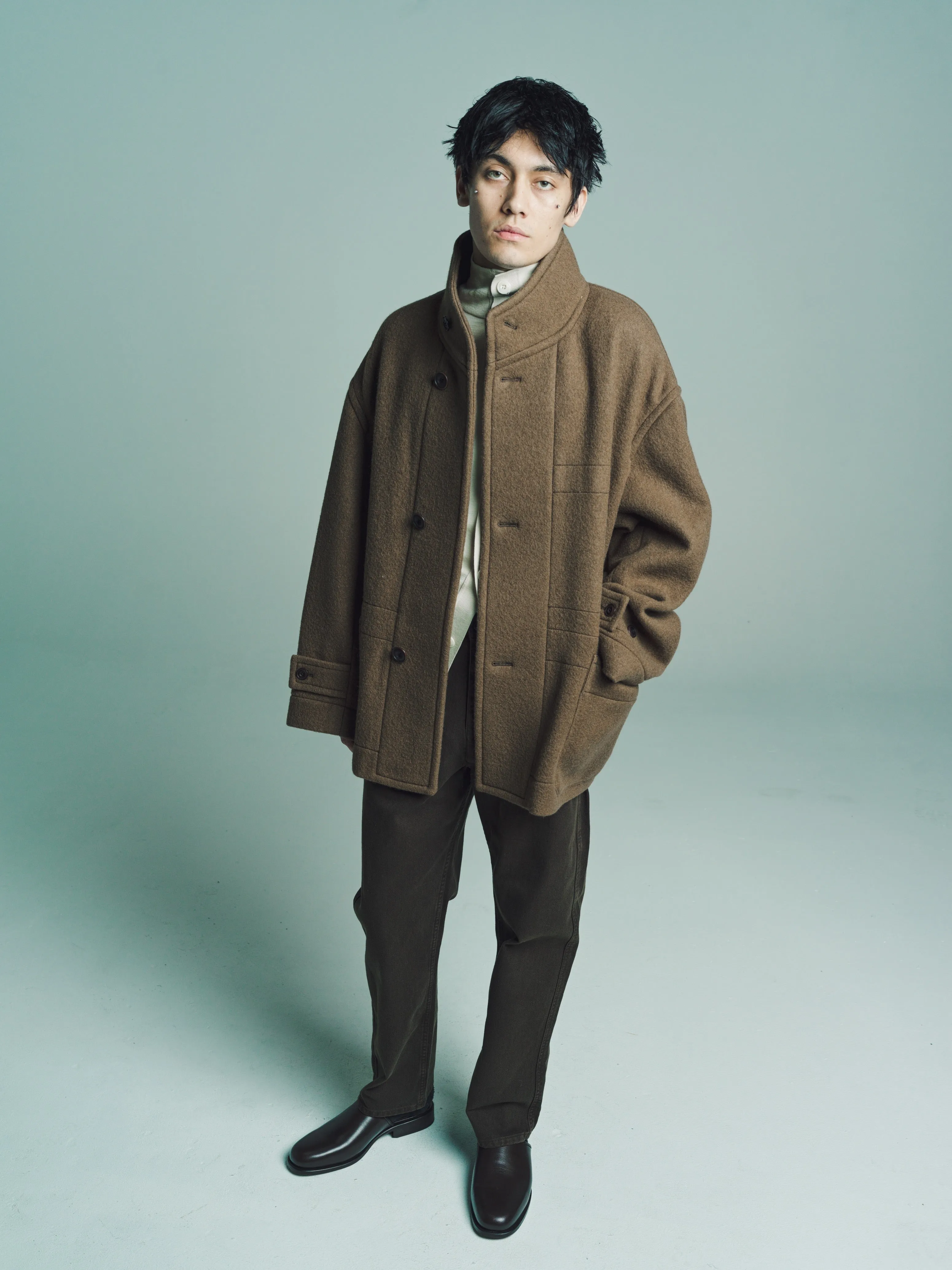 Olive Brown Wool Boxy Duffle Coat