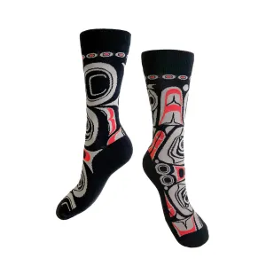 "Matriarch Bear" socks with artwork by Morgan Asoyuf, Tsimshian, Ts’msyen