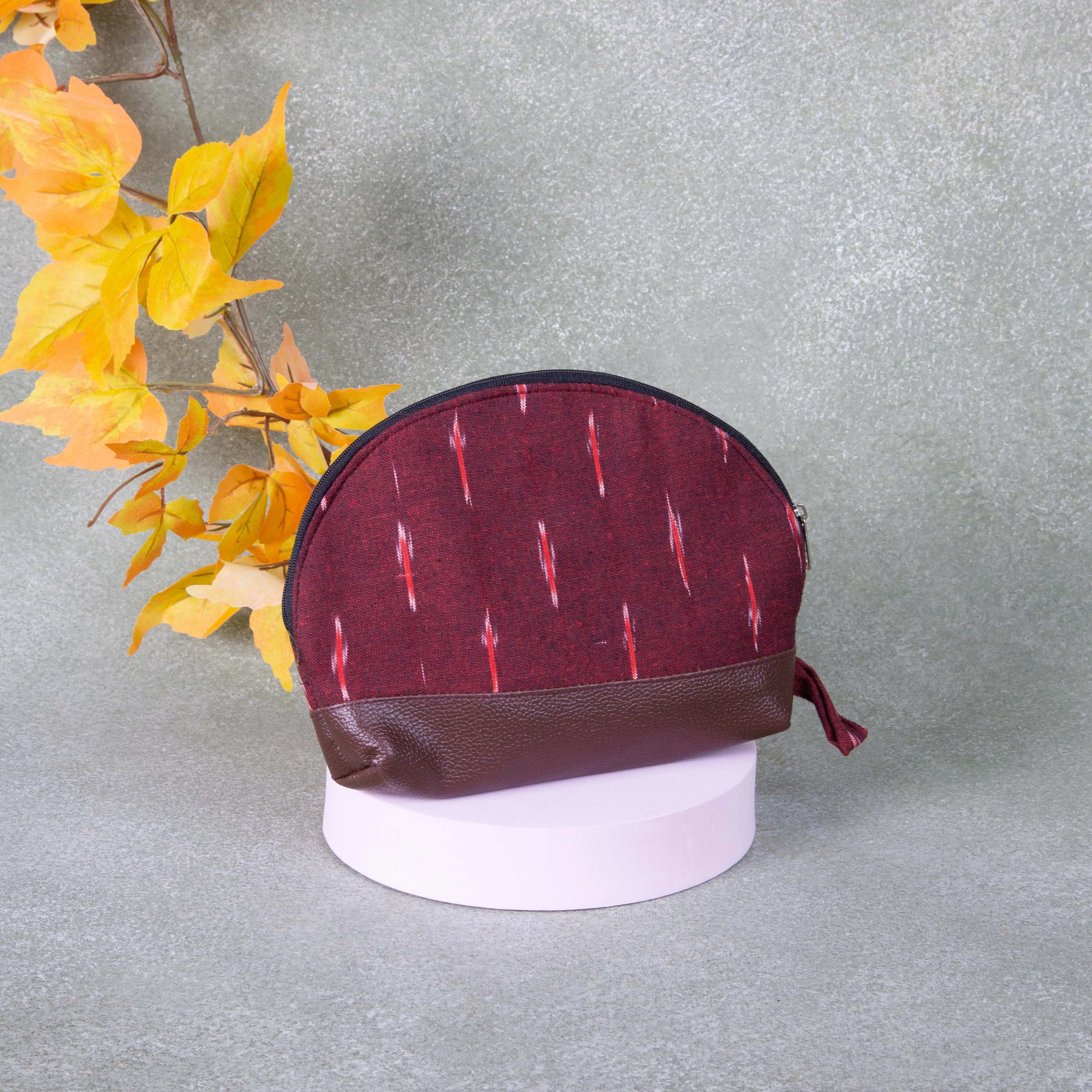 Sarus Crane Series Half Moon Vanity pouch Maroon with Red Lines Design