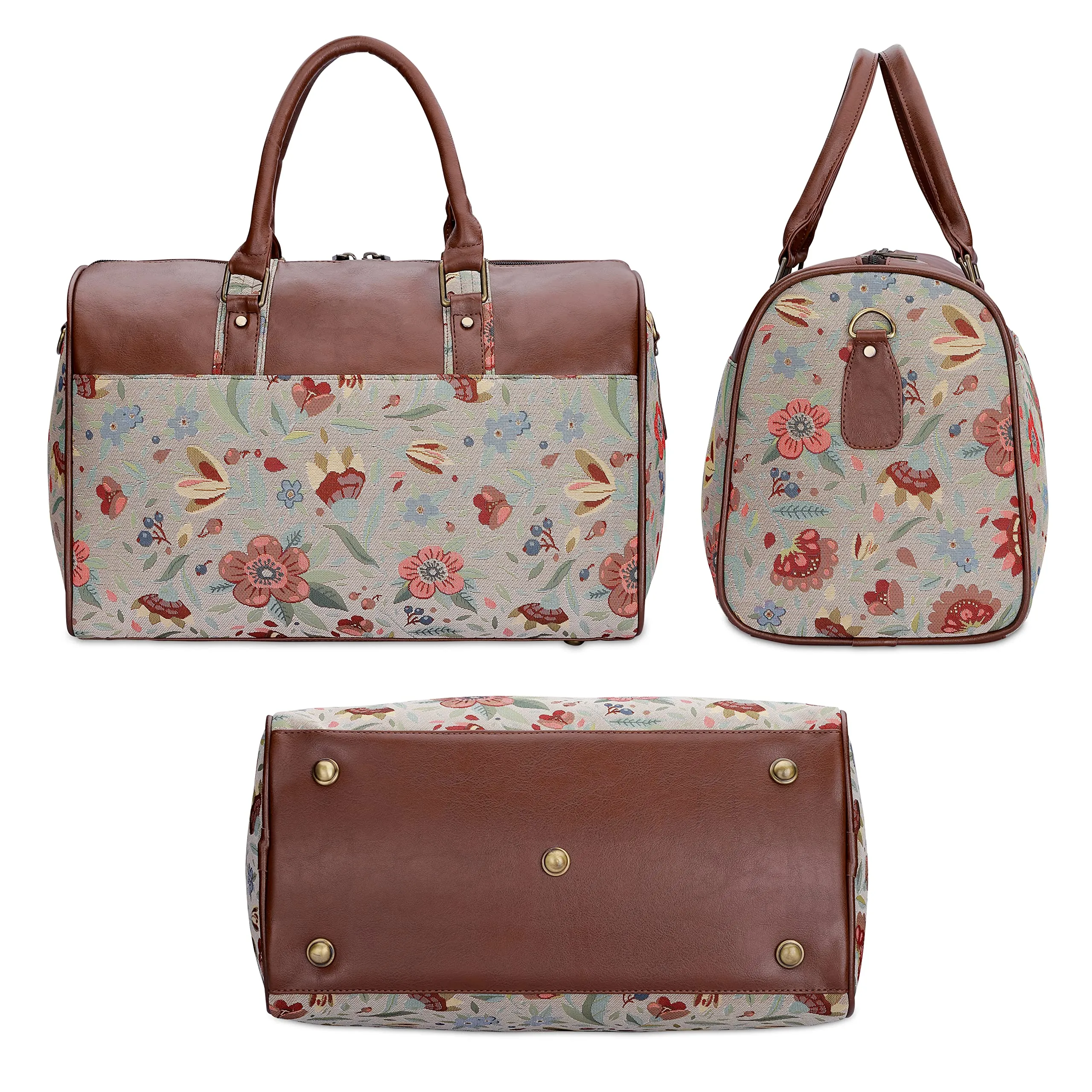 The Clownfish Brooklyn 32 litres Tapestry with Faux Leather Unisex Travel Duffle Bag Weekender Bag (Skyblue-Floral)