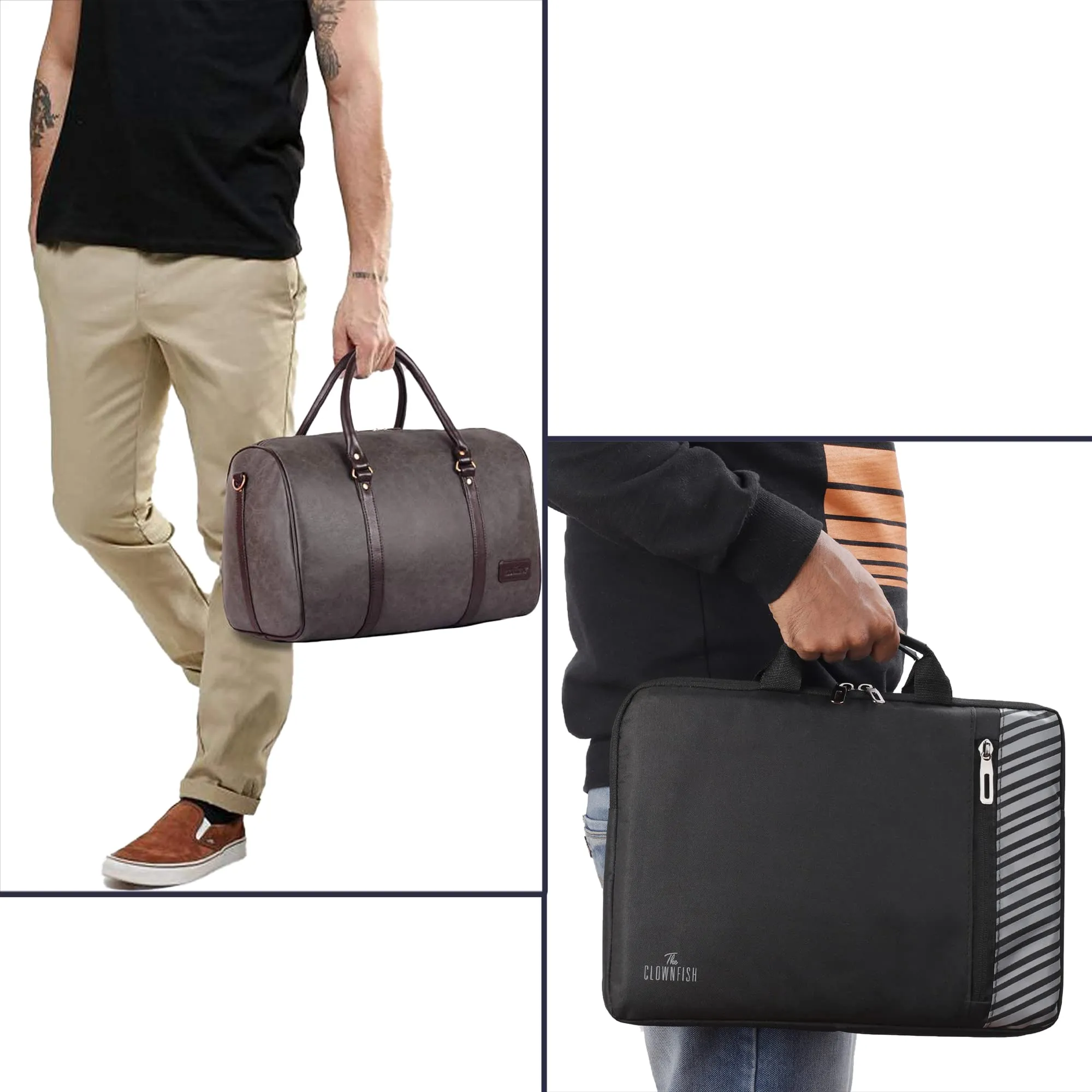 The Clownfish Combo of Lincoln Vegan Leather 29 L Travel Duffel Bag (Ash Grey) & Rex Series Polyester Unisex 14 inch Laptop Sleeve Tablet Case with Comfortable Carry Handles(Assorted Colour)