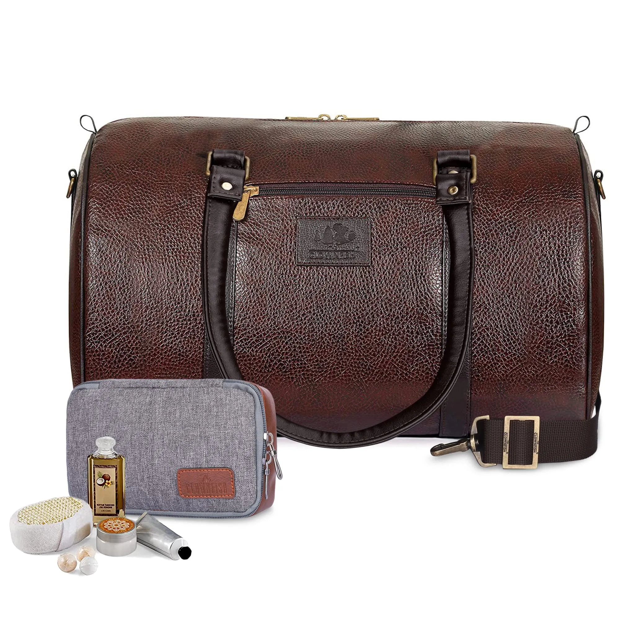 The Clownfish Combo of Magnum 34 liters Faux Leather Travel Duffle Bag (Chocolate Brown) & The Clownfish Travel Pouch Toiletry Bag Kit for Men & Women (Grey)