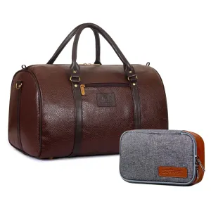 The Clownfish Combo of Magnum 34 liters Faux Leather Travel Duffle Bag (Chocolate Brown) & The Clownfish Travel Pouch Toiletry Bag Kit for Men & Women (Grey)