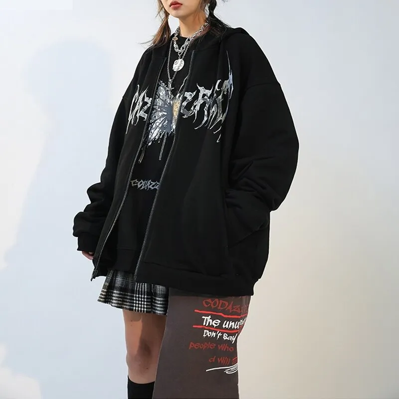 Wenkouban Butterfly Print Hooded Jackets Women Autumn Punk Zip-up Loose Coats Female Harajuku Hip Hop Streetwear Y2k Aesthetic Hoodies